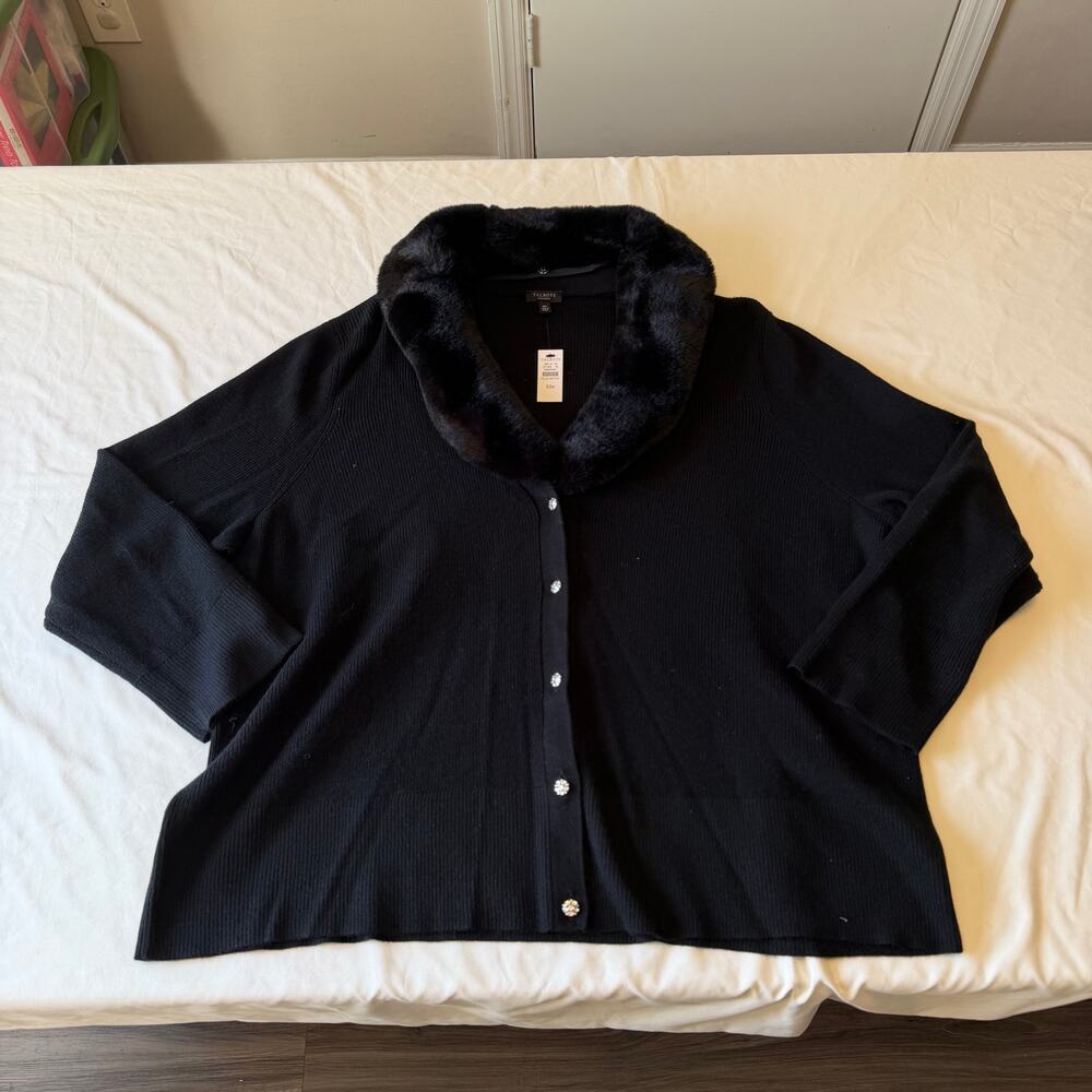 NWT Black Faux Fur Collar Stretch Cardigan Sweater Plus Size 3XP Prep Old Money